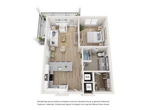 Floor plan for 1 bed, 1 bath, 747 sqft